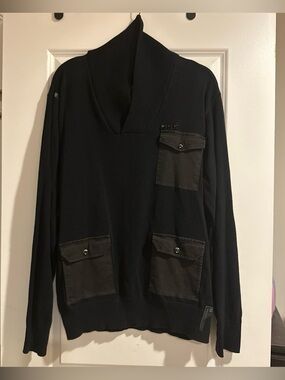 Rocawear Men's Black V-Neck Shawl Collar Sweater with Dark Pocket Accents